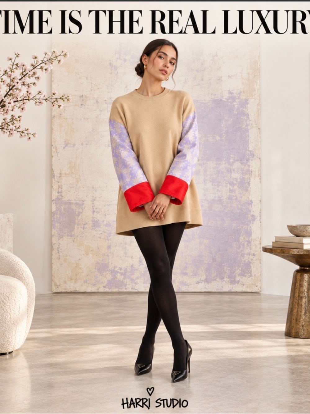 Rare Dries Van Noten Beige Tunic Dress with Lavender and Red Sleeve Accents
